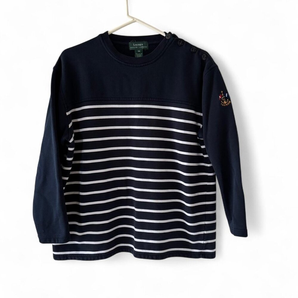 LRL Ralph Lauren Sz Medium Navy White Anchor Nautical Striped Long Sleeve Shirt